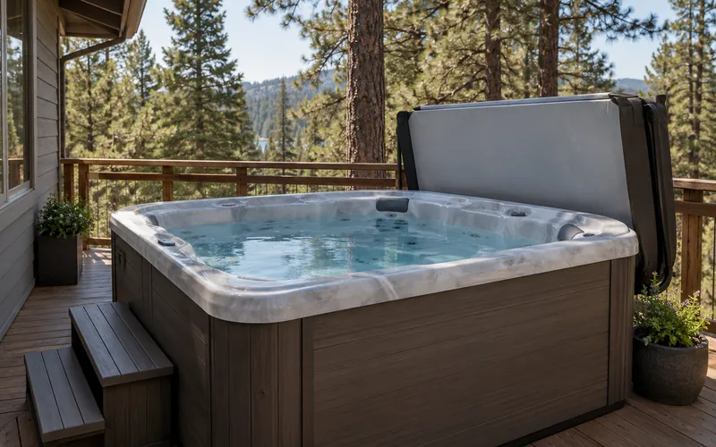Illustrative bend hot-tub repair and maintenance scene